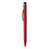 A red stylus pen with a sleek design and a black tip. It features a clip and a logo on the barrel.