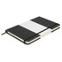 A notebook featuring a grey fabric cover with a white stripe and an elastic band closure. It has a logo on the front.