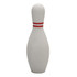 A white stress bowling pin with red stripes, featuring a logo on the front.