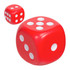 A large red stress dice and a smaller red dice, both featuring white dots on each side.