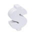 A white stress relief dollar sign shape with a smooth surface and a rounded design. It features a logo.