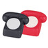 A black and red stress telephone shaped toy with a smooth surface and rounded edges, featuring a circular button.