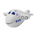 A white stress toy shaped like an aeroplane with blue and black features, including a smiling face and wing details.