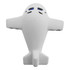 A white stress toy in the shape of an aeroplane with blue accents and black details. It features a simple design and a logo.