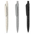 Three Marko Stone Pens in cream, grey, and black, featuring a textured design and a clip on the side. Each pen has a logo.