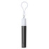 A retractable metal straw in a sleek black colour, housed in a white carrying case with a clip.