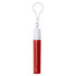 A retractable metal straw in red with a white cap, featuring a hook for easy attachment.