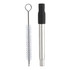 A retractable metal straw in silver with a cleaning brush, featuring a black silicone tip and a loop for attachment.