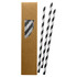 A box containing four black and white striped paper straws, visible through a cut-out window.