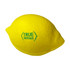A bright yellow stress lemon with a textured surface and a logo on one side.