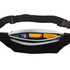 A black waist fitness belt featuring multiple zippered pockets, with cards visible inside. It has an adjustable strap.