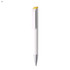 A white pen with a yellow cap and silver tip. The pen has a sleek design and features a branding logo.