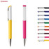 A yellow and a pink plastic pen are displayed, accompanied by a variety of pens in different colours. Each pen has a shiny metal clip.