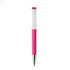 A pink plastic pen with a white grip and shiny silver tip, featuring a logo.