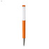 An orange plastic pen with a white grip and a silver tip, featuring a logo.