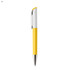 A yellow plastic pen with a silver clip and a white top, featuring a sleek design.