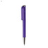 A purple plastic pen featuring a transparent clip and a silver nib, with a logo on the clip.