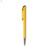 A plastic pen in bright yellow with a silver tip and a matching clip. Includes a logo.