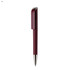 A maroon plastic pen with a sleek design and silver detailing, featuring a clip and a branding logo.