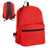 A red backpack featuring a front zip pocket and adjustable straps, with a simple design and a logo.