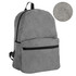 A grey backpack featuring a front zip pocket, adjustable straps, and a textured fabric. It has a logo on it.