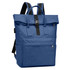 A blue Adventure Laptop Backpack features a roll-top design, multiple pockets, and adjustable straps. It has a logo.