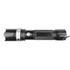 A black flashlight with a textured grip and a silver accent on the base, featuring a round lens and a loop for attachment.