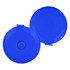 A blue compact tape measure with a circular design and a clip. It features a logo on its surface.