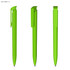 A light green plastic pen displayed from three angles, featuring a clip and a glossy finish.