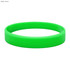 A bright green silicone wristband with a smooth finish and a simple design. It features a logo.
