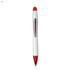 A plastic pen in white with a red tip and accents, featuring a sleek design and a metal clip.
