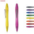 A collection of plastic pens in various colours, including yellow, pink, and multiple other shades. Each pen has a clip and a logo.