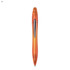An orange plastic pen with a sleek design and a black accent line. It features a logo on its body.