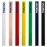 A set of carpenter pencils in white, natural wood, red, yellow, green, blue, and black, featuring a logo.