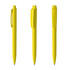 A set of three yellow plastic pens featuring different styles and a branding logo.