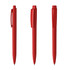 A set of three red plastic pens, featuring a sleek design and a clip on one. Includes a pen with a cap.