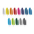 A collection of plastic pens in various colours, including white, orange, pink, blue, green, grey, and black.