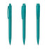 A set of transparent teal plastic pens, featuring a click mechanism and a clip. The pens have a smooth finish.