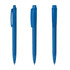 A set of three transparent blue plastic pens, showcasing different angles and a branding logo.