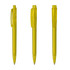 Three transparent yellow plastic pens with a glossy finish and click mechanism, featuring a logo on the body.