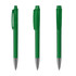 Transparent green plastic pens with silver accents, featuring a click mechanism and a logo.