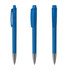 A set of three blue plastic pens with transparent bodies and silver tips, featuring a logo on the side.
