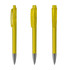 Yellow plastic pens with transparent barrels and silver tips, displayed from multiple angles. The product has a logo.