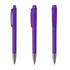 A set of three transparent purple plastic pens with silver accents and clip. Each pen has a distinct angle.