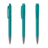A teal plastic pen with a transparent barrel and a silver nib, featuring a clip and a logo.