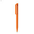 An orange plastic pen with a retractable cap and a clip, featuring a branding logo.