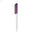 A plastic pen in white with a purple cap, featuring a logo on the barrel.