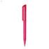 A plastic pen in a vibrant pink colour with a sleek design and a visible branding logo.