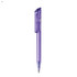 A purple plastic pen with a transparent cap and a sleek design. It features a branding logo.
