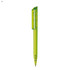 A bright green plastic pen with a transparent barrel and a clip on the cap.